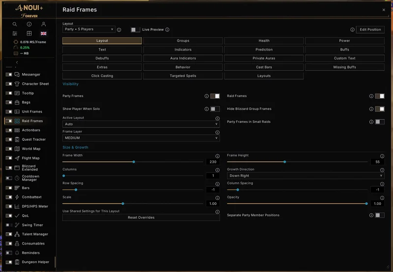 Raid frame settings